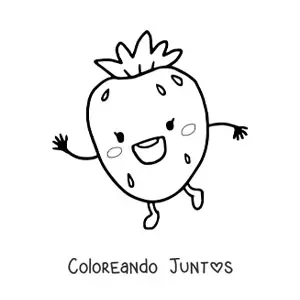 Imagen para colorear de una fresa kawaii animada saludando feliz