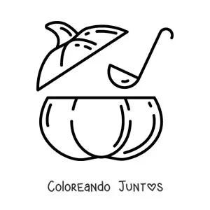 Imagen para colorear de un cucharón sirviendo sopa desde el interior de una calabaza
