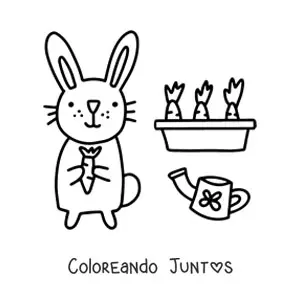 Imagen para colorear de un conejo kawaii junto a un huerto de zanahorias