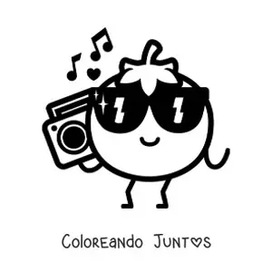 Imagen para colorear de un tomate animado con lentes de sol y un radio