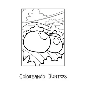 Imagen para colorear de un tomate animado junto a una berenjena animada