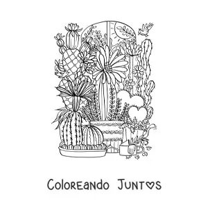 Imagen para colorear de varios cactus en macetas con flores y corazones
