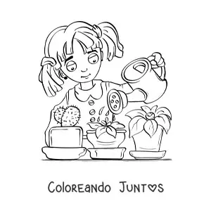 Imagen para colorear de una niña regando un cactus