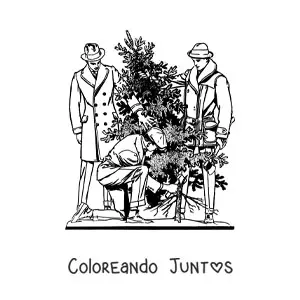 Imagen para colorear de tres hombres talando un pino