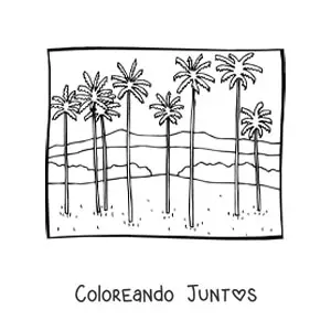 Imagen para colorear de un paisaje con montañas y palmeras