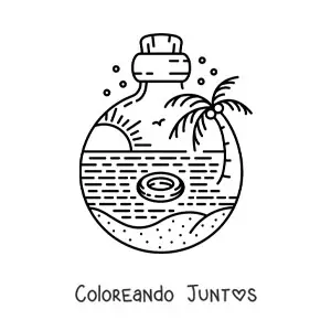 Imagen para colorear de una botella con un paisaje de mar con una palmera