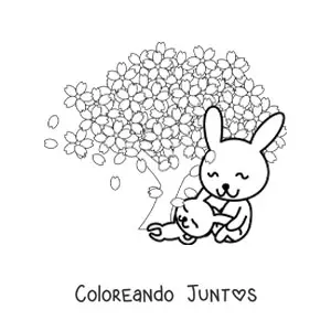 Conejos animados junto a árbol de cerezo