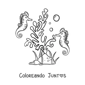 Imagen para colorear de unas algas y dos caballitos de mar