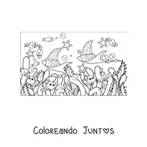 Imagen para colorear de varias algas y peces animados