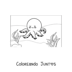 Imagen para colorear de un pulpo kawaii con algas en el mar