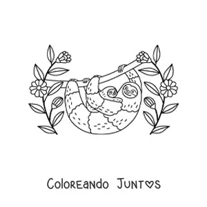 Imagen para colorear de una mamá pereza con su cría