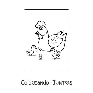Imagen para colorear de una mamá gallina con sus polluelos