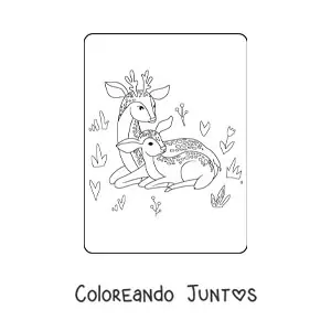 Imagen para colorear de una mamá ciervo con su cría