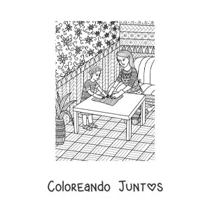 Imagen para colorear de una mamá limpiando con su hijo