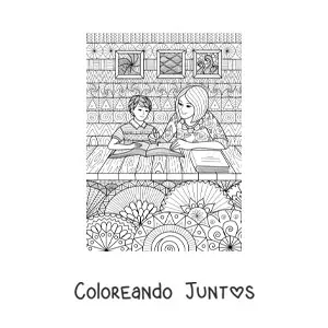 Imagen para colorear de una mamá haciendo tarea con su hijo