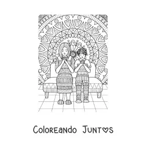 Imagen para colorear de una mamá rezando junto a su hijo