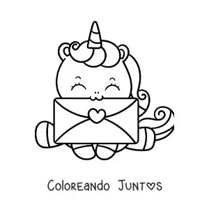 Imagen para colorear de un unicornio kawaii con una carta de san valentín en la boca