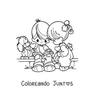 Imagen para colorear de una pareja de niños en San Valentín