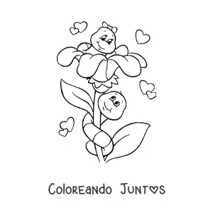 Imagen para colorear de dos oruguitas enamoradas sobre una flor