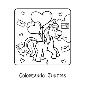Imagen para colorear de un unicornio con globos y cartas de San Valentín