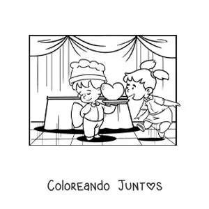 Imagen para colorear de dos niños en una cena de regalo en San Valentín