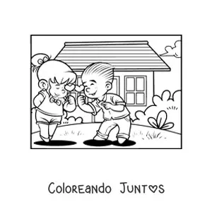 Imagen para colorear de una pareja de niños con corazones de San Valentín