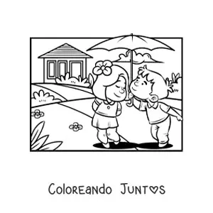 Imagen para colorear de una pareja de niños en una cita romántica