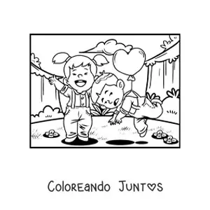 Imagen para colorear de una pareja de niños en una cita divertida de San Valentín
