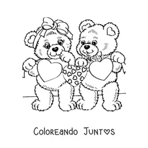 Imagen para colorear de dos osos con corazones de San Valentín