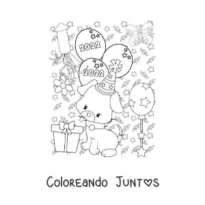 Imagen para colorear de un perro animado con globos de Año Nuevo