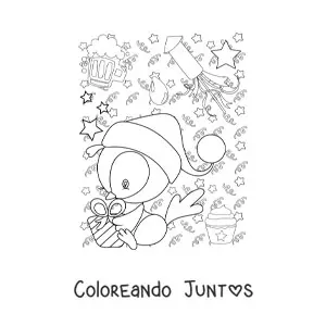 Imagen para colorear de un pingüino animado con regalo de Año Nuevo
