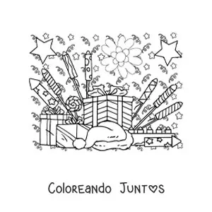 Imagen para colorear de varios regalos y fuegos artificiales de Año Nuevo