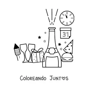 Imagen para colorear de un regalo y una botella y copas de Año Nuevo