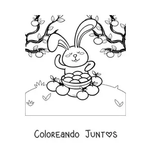 Imagen para colorear de un conejo con naranjas celebrando el Chuseok