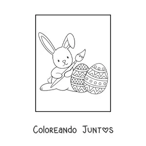 Imagen para colorear de un conejo kawaii decorando huevos de pascua con un pincel