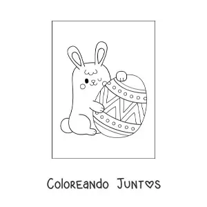 Imagen para colorear de un conejo kawaii con un huevo de pascua gigante