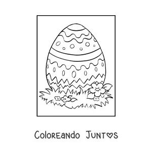 Imagen para colorear de un huevo de pascua sobre el césped con flores