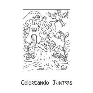 Imagen para colorear de un conejo animado pintando un huevo de pascua
