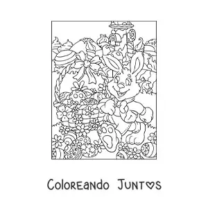 Imagen para colorear del conejo animado con un canasto de huevos de pascua