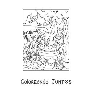 Imagen para colorear del conejo de pascua en el jardín