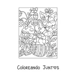 Imagen para colorear de un conejo con pincel y huevos de pascua en el jardín