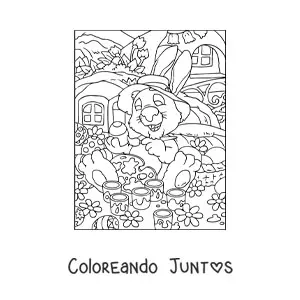 Imagen para colorear del conejo de pascua con un sombrero pintando huevos