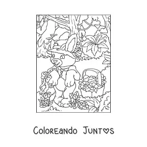 Imagen para colorear del conejo de pascua con un sombrero y un canasto de huevos
