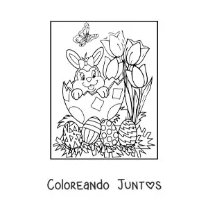 Imagen para colorear de una coneja animada en un huevo de pascua con flores