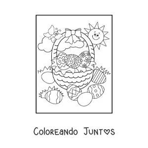 Imagen para colorear de una cesta de huevos de pascua con una mariposa y un sol feliz