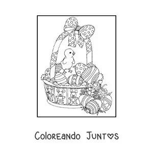 Imagen para colorear de una cesta de huevos de pascua con polluelo y flores