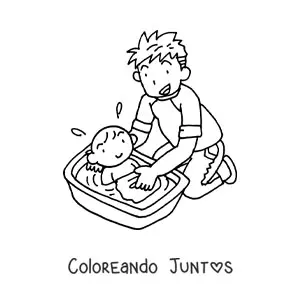 Imagen para colorear de un papá bañando a su hijo