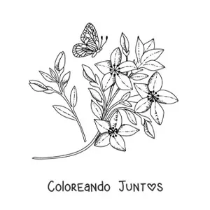 Imagen para colorear de una mariposa volando hacia unas flores