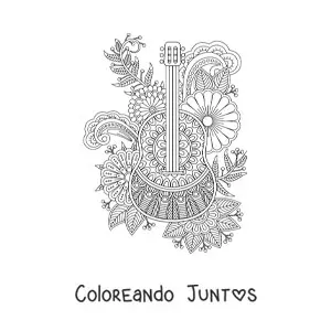 Imagen para colorear de un mandala con forma de guitarra clásica