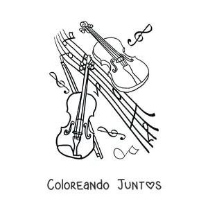 Imagen para colorear de dos violines rodeados de notas musicales